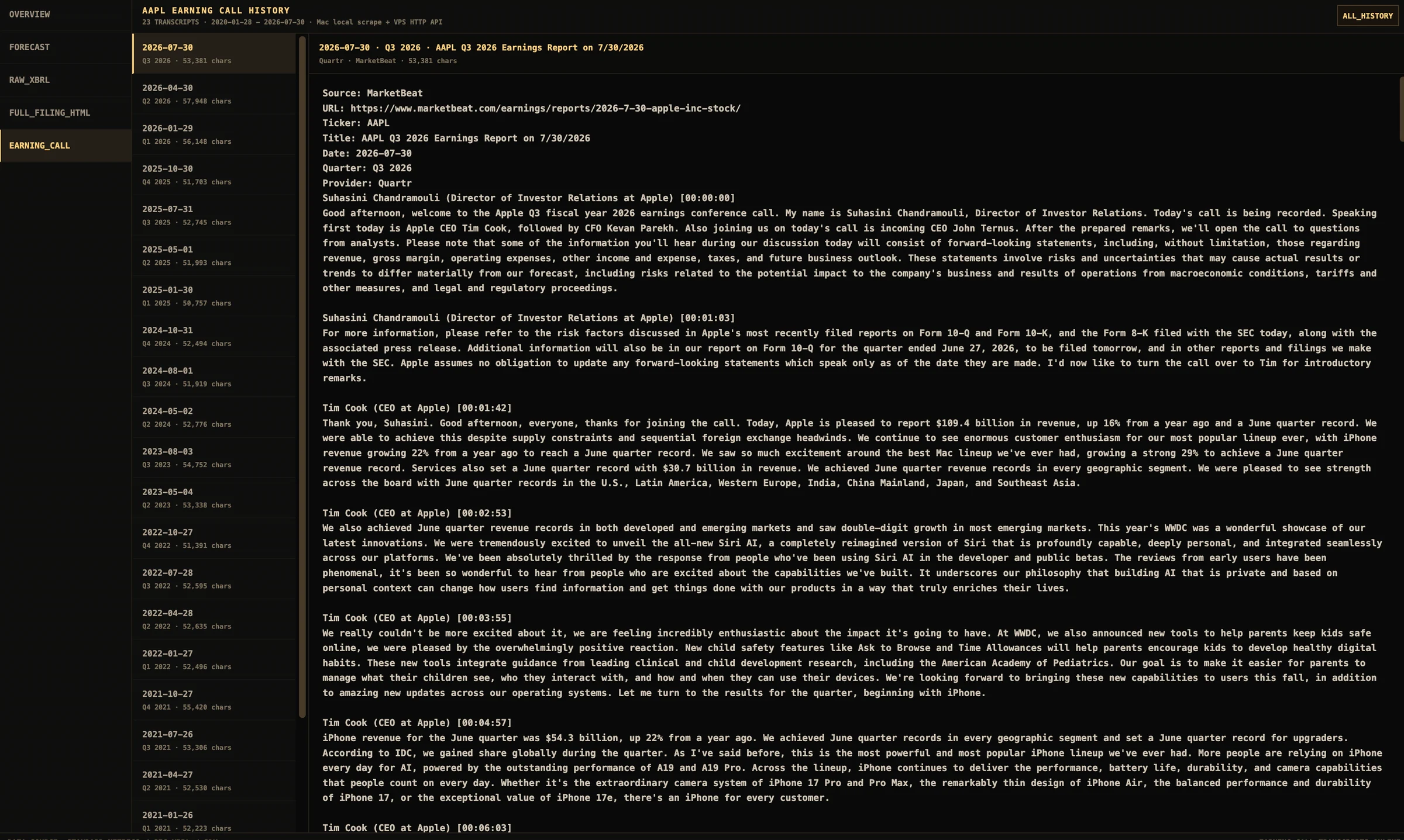 Historical Apple earnings call transcript viewer