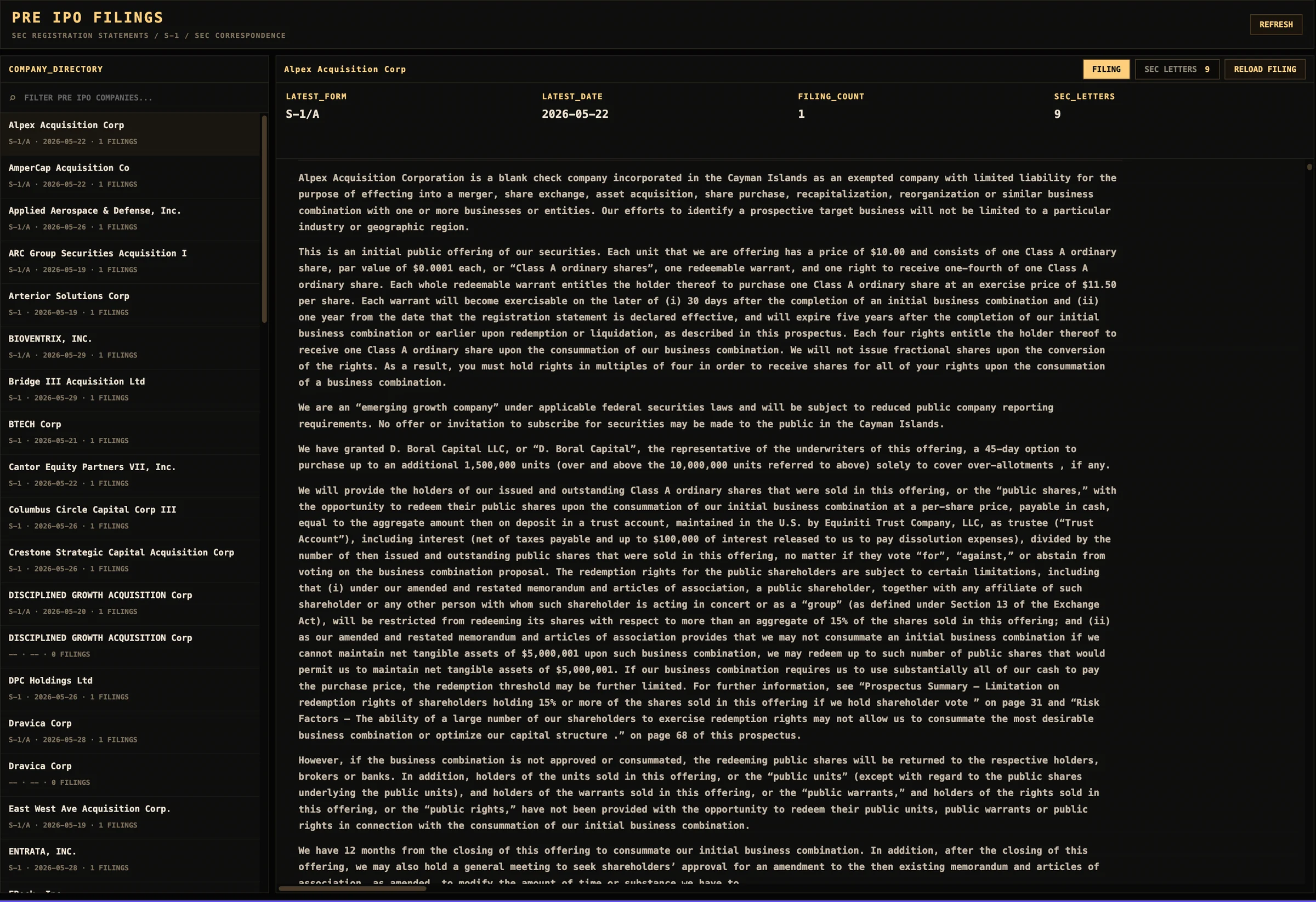 Pre-IPO SEC registration statement and correspondence directory